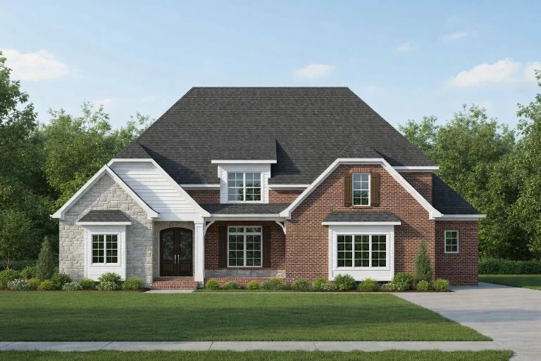 Georgian House Plans 13 Front elevation of a New American Traditional style home featuring brick and stone exterior, gabled roof, symmetrical windows, and covered entry porch