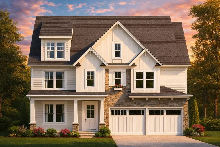 Front elevation of a 2-story Modern Farmhouse with board and batten siding, stone veneer accents, double garage, and covered front porch