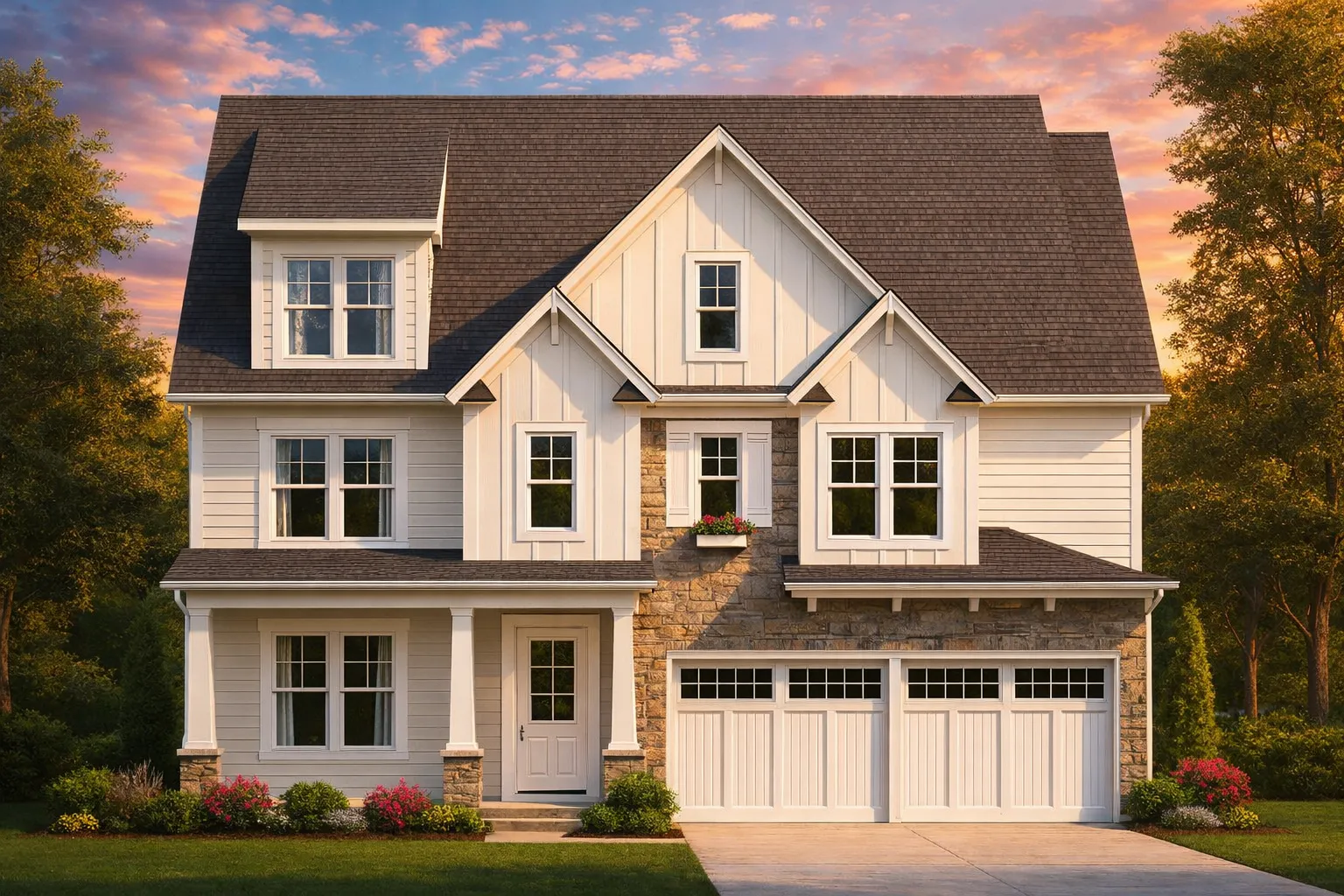 Townhome Floor Plans 23 Front elevation of a 2-story Modern Farmhouse with board and batten siding, stone veneer accents, double garage, and covered front porch