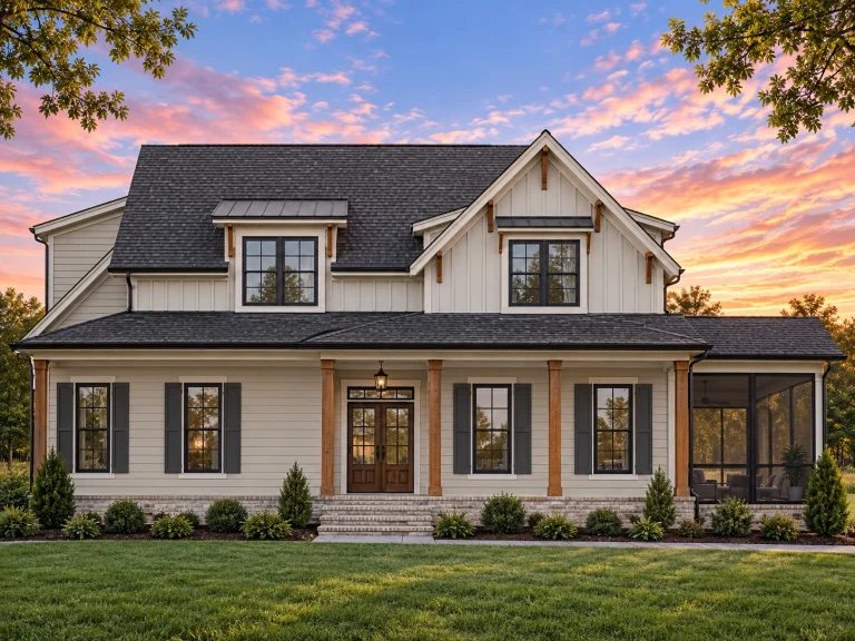 Front elevation of a modern farmhouse style home featuring board and batten siding, horizontal lap siding, brick foundation, and a welcoming covered porch
