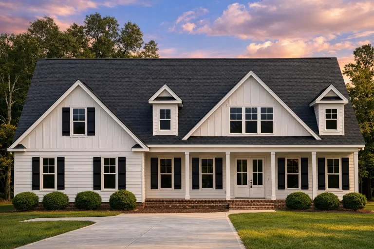 Front elevation of a Colonial style home featuring horizontal lap siding, symmetrical windows, steep gable roof, and a full-width covered porch