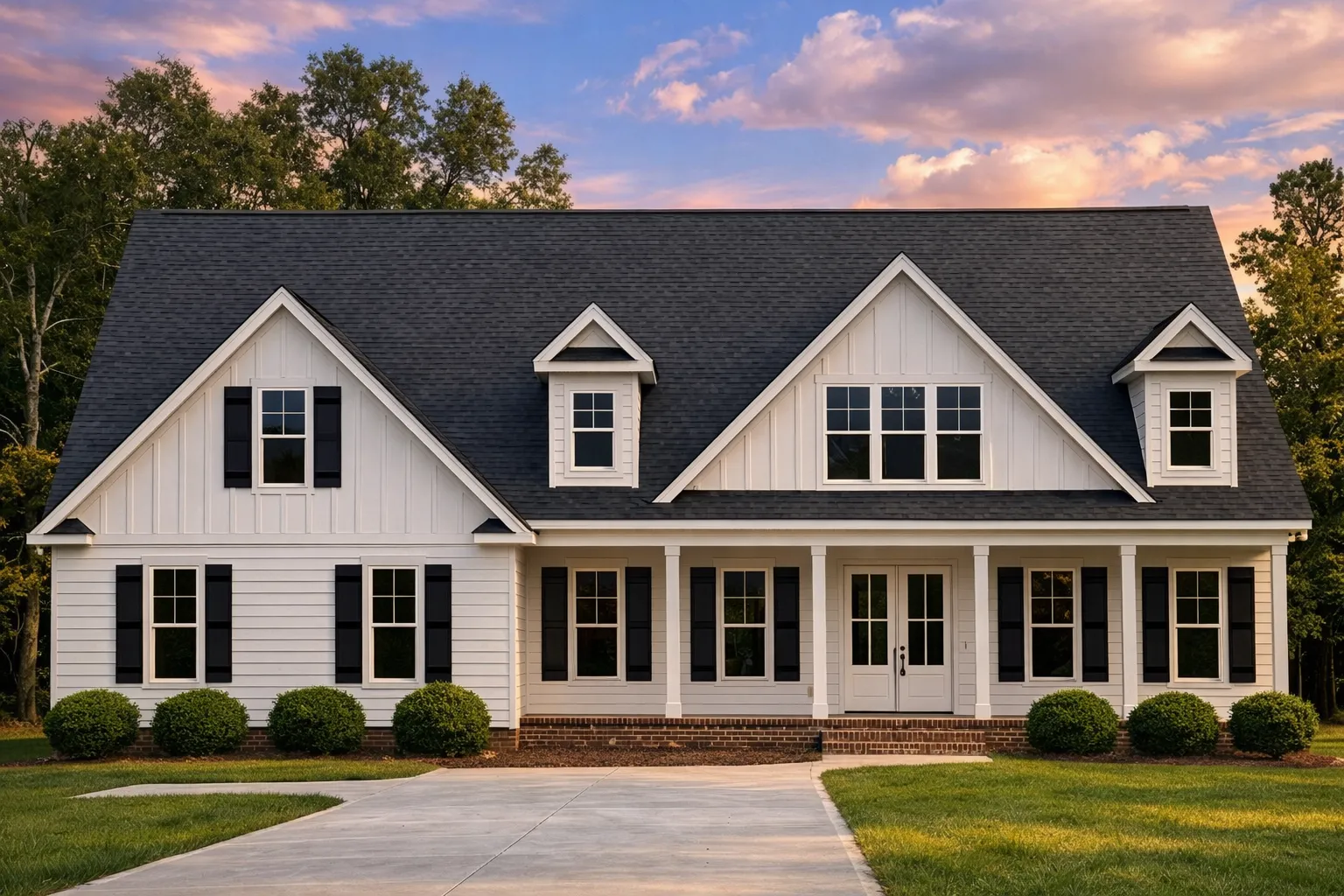 Front elevation of a Colonial style home featuring horizontal lap siding, symmetrical windows, steep gable roof, and a full-width covered porch