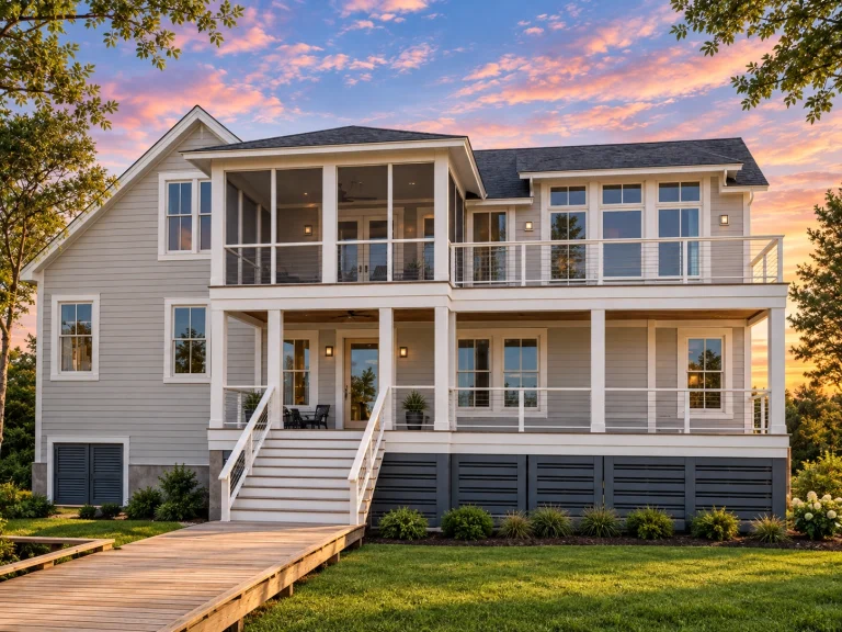 House Plans with Second Floor Laundry Room 1 Front exterior view of an elevated Coastal Low Country style home with horizontal lap siding, double stacked porches, and classic Southern architecture