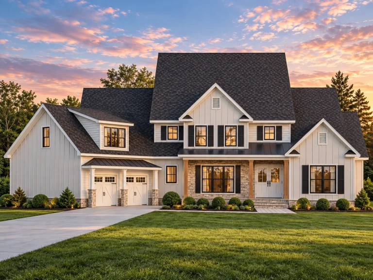 Barndominium House Plans 18 Front elevation of a modern farmhouse style home featuring board and batten siding, stone accents, wood garage doors, and a covered porch
