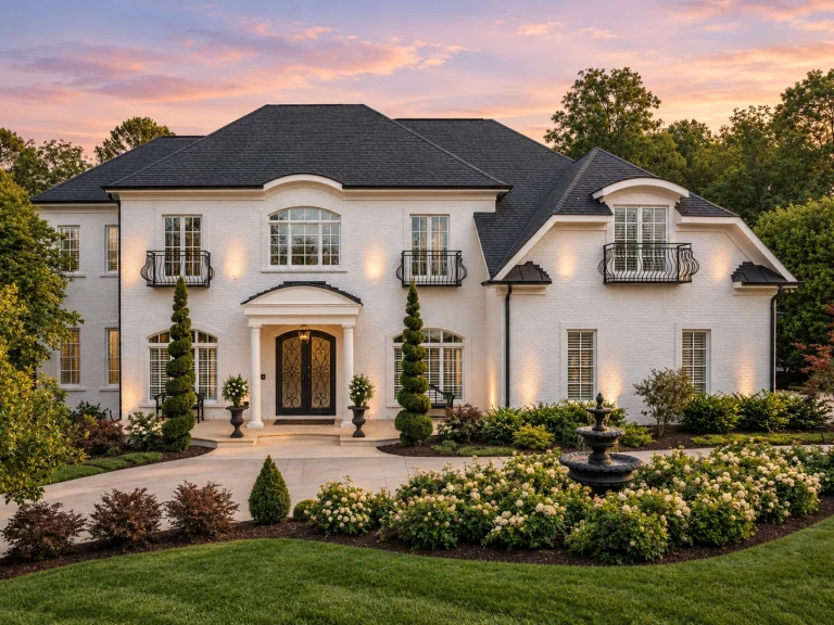Front elevation of a French Provincial Neo-Classical luxury home with painted brick exterior, arched windows, and symmetrical European façade
