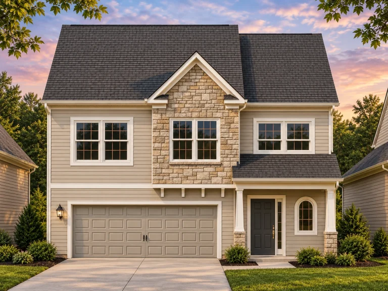 Front view of a New American Traditional Suburban style house featuring blue siding, brick accents, and yellow-trimmed red windows for striking curb appeal