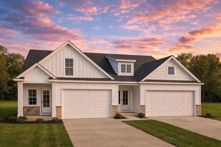 Front view of a Modern Farmhouse with Craftsman details featuring board and batten siding, stone accents, and a three-car garage under a steep gable roofline