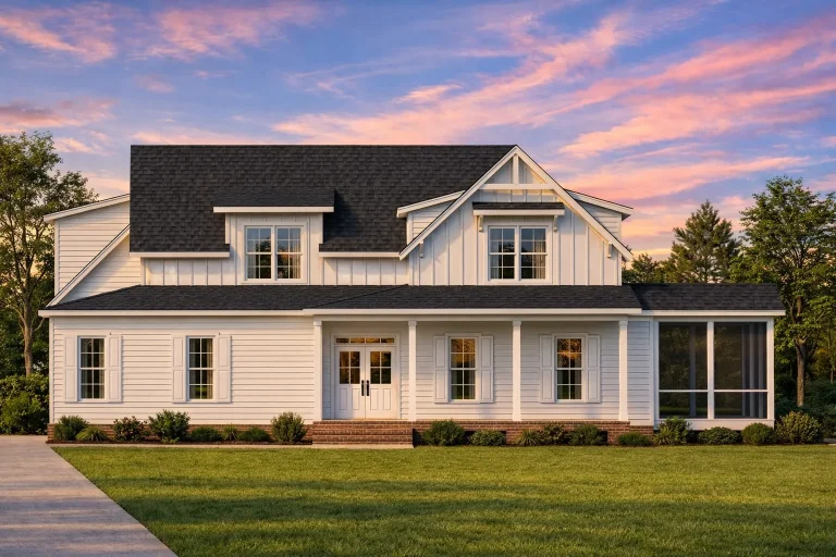 Front elevation of a modern farmhouse style home featuring board and batten siding, horizontal lap siding, brick foundation, and a welcoming covered porch
