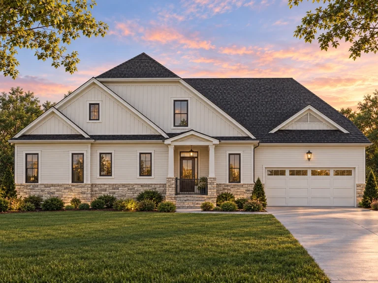 Front elevation of New American Modern Traditional house with horizontal lap siding, board-and-batten gables, stone wainscoting, and front-entry garage