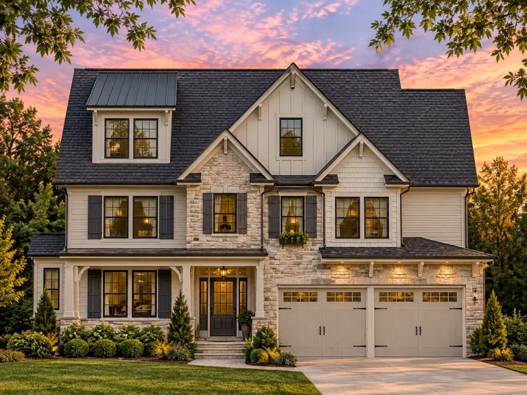 Front elevation of a 2-story Modern Farmhouse with board and batten siding, stone veneer accents, double garage, and covered front porch