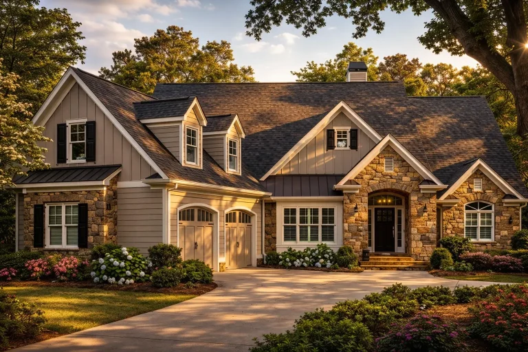 Front elevation of New American Traditional style home with stone accents, horizontal siding, dormer windows, and landscaped entry