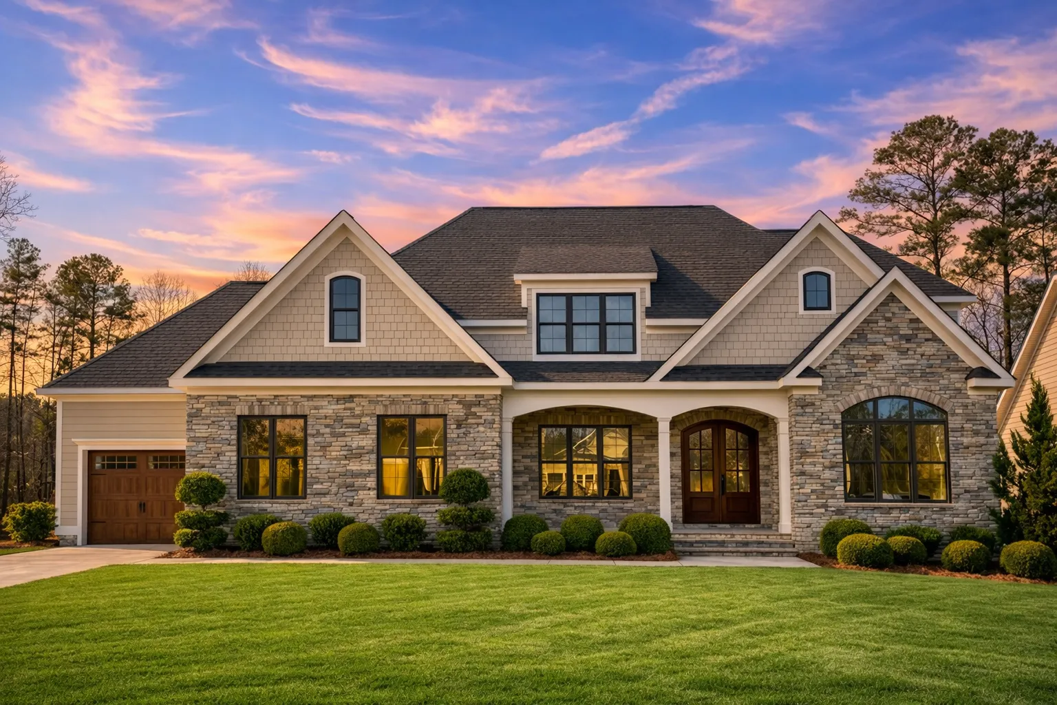 Front elevation of a New American style home with horizontal siding, stone accents, gabled rooflines, and Craftsman-inspired detailing
