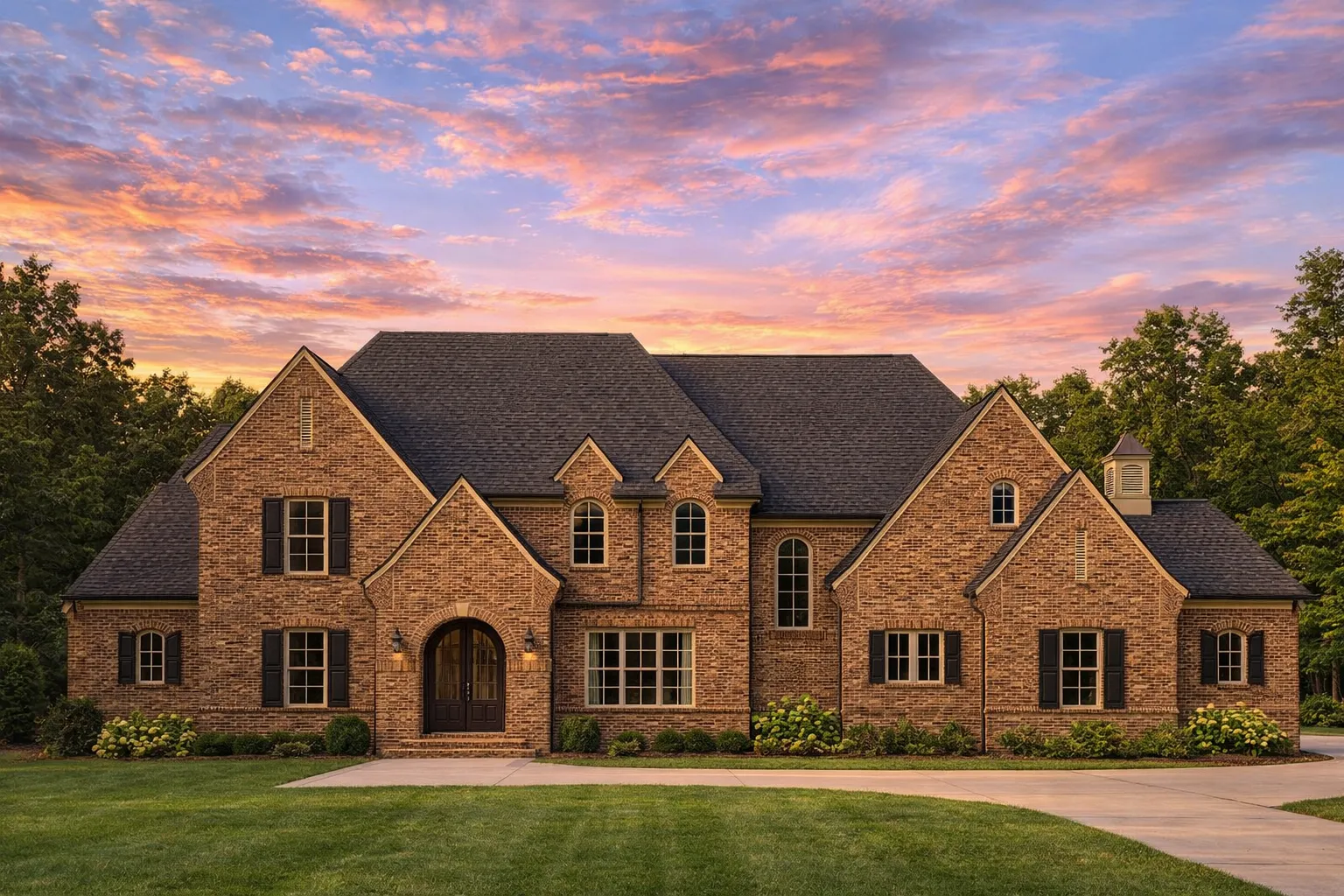 Front elevation of a Traditional Colonial style home featuring a brick exterior, symmetrical windows with shutters, gabled rooflines, and a centered arched entry