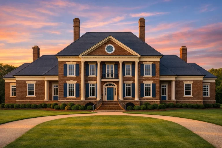 Front elevation of a Georgian Neoclassical style home featuring a symmetrical brick exterior, classical columns, and balanced window design