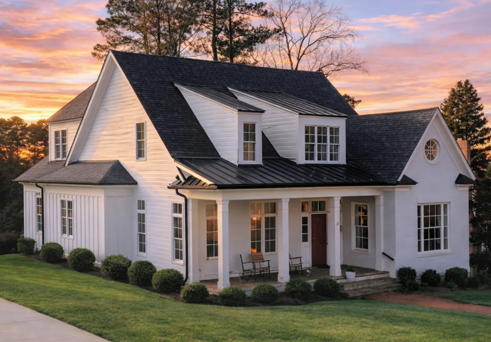 Front exterior of a Coastal Farmhouse style home featuring board and batten siding, metal porch roof, dormer windows, and a welcoming covered front porch