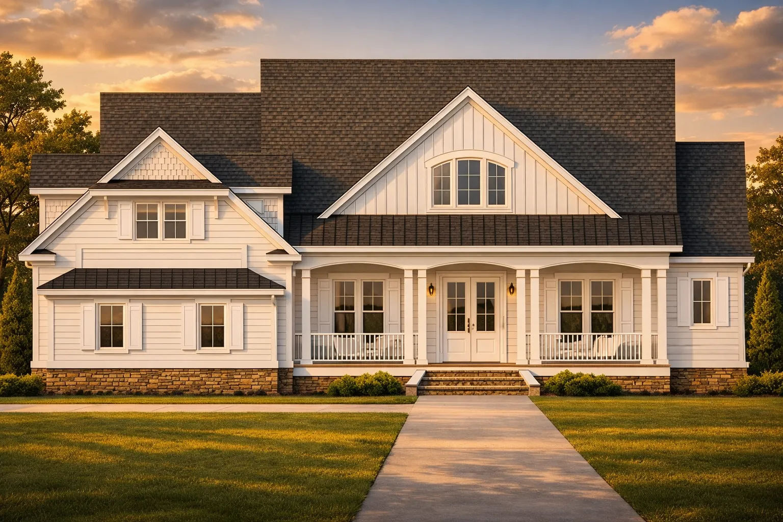 Sloping Lot House Plans 23 Front elevation of a Coastal Farmhouse style home featuring horizontal siding, gabled rooflines, metal porch roof, and a welcoming covered front porch