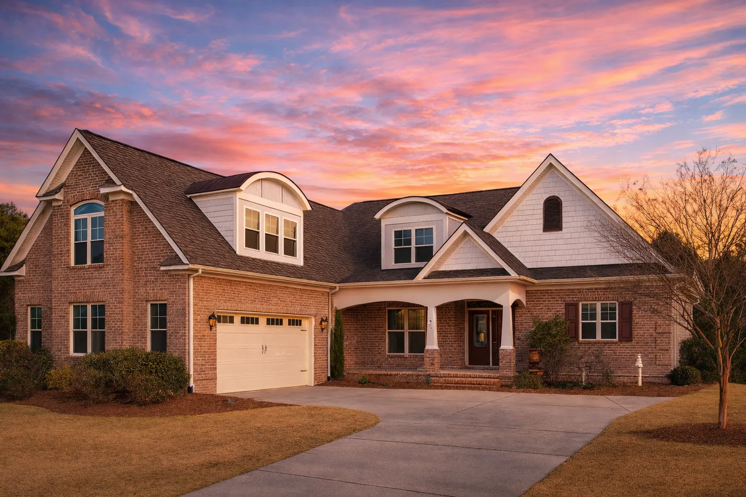 Front exterior view of a New American style home featuring brick construction, shingle gables, a covered front porch, and a two-car garage