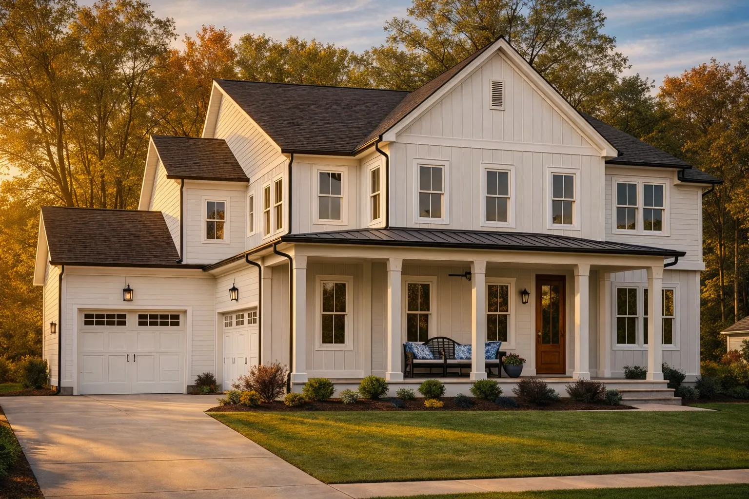 Front elevation of a New American Modern Traditional house with lap siding, board and batten accents, gabled rooflines, and a covered front porch