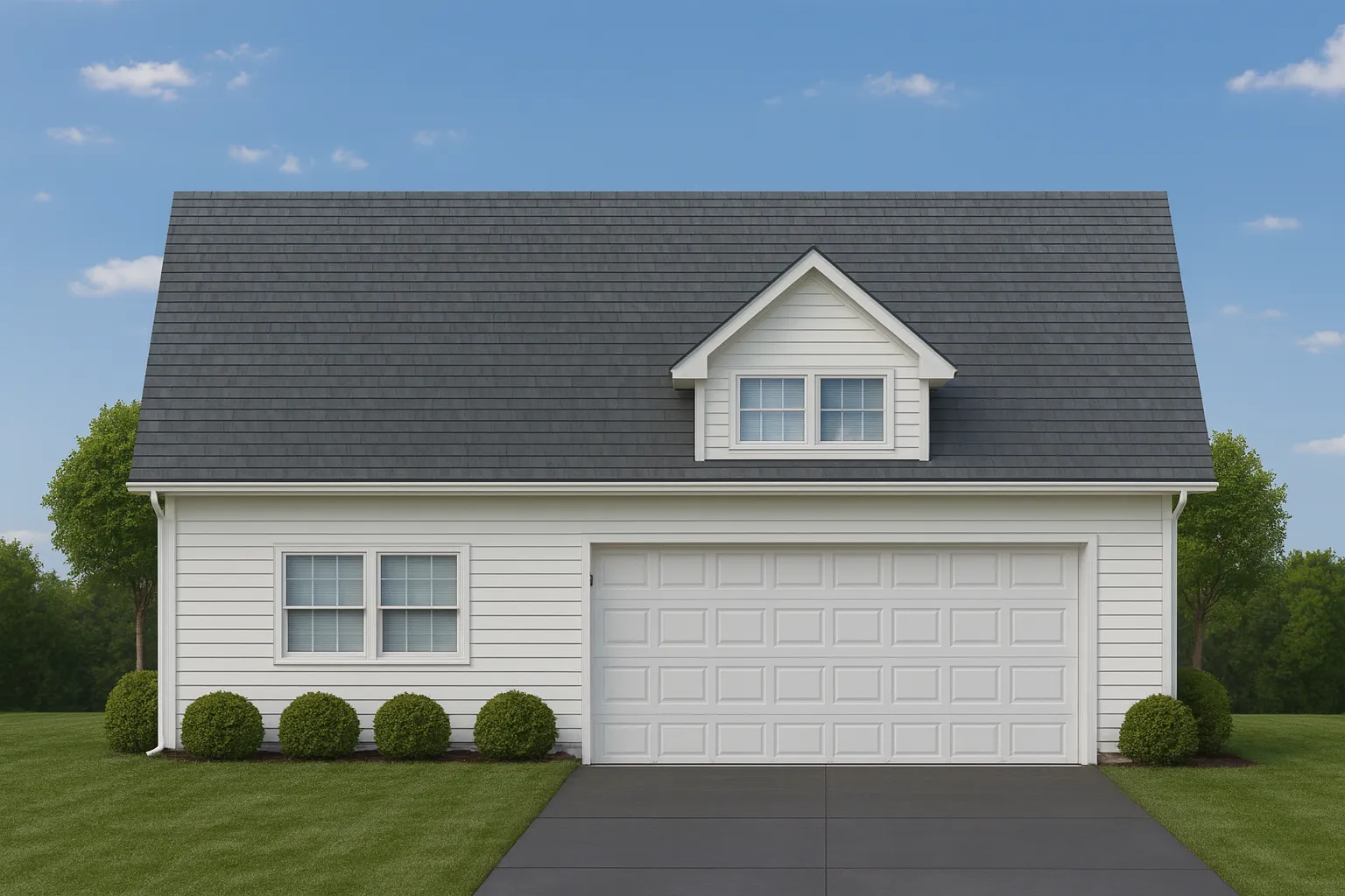 Front elevation of a traditional carriage house style garage with horizontal siding, gable roof, and classic suburban proportions