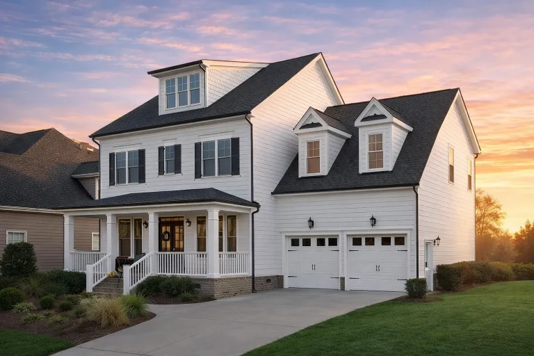 Front elevation of a Modern Farmhouse New American style home with white horizontal siding, covered porch, dormer windows, and two-car garage
