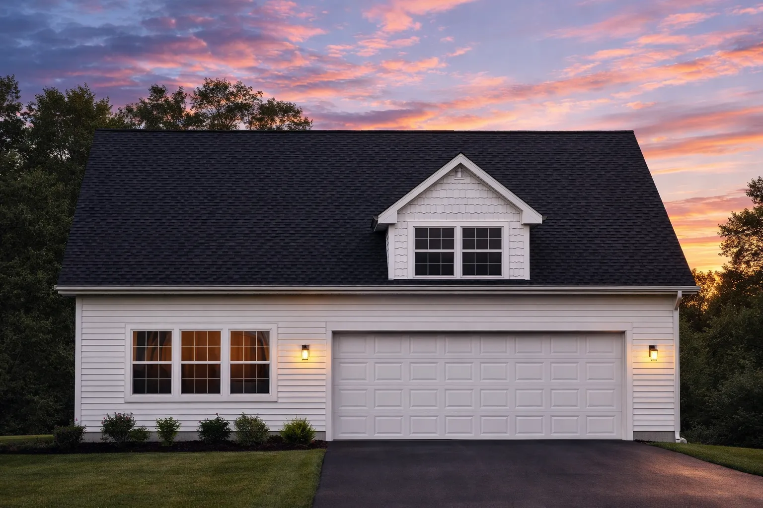 Front elevation of Cape Cod carriage house garage with horizontal lap siding, gable roof, dormer window, and double garage doors