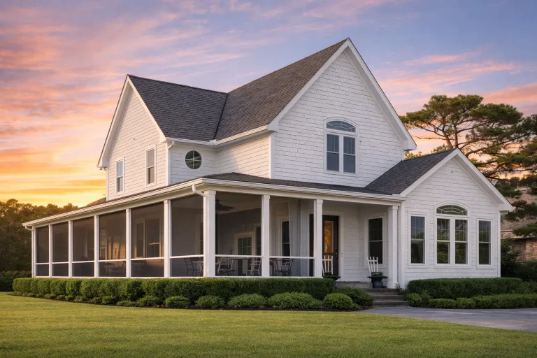 Garage Workshop Plans 7 Front elevation of a New American style home with horizontal lap siding, gabled rooflines, blue shutters, and a welcoming covered front porch
