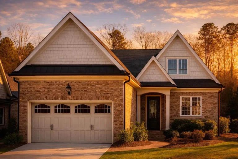 House Plans 1 Front elevation of a New American style home with brick exterior, shingle gables, double garage, and traditional suburban detailing