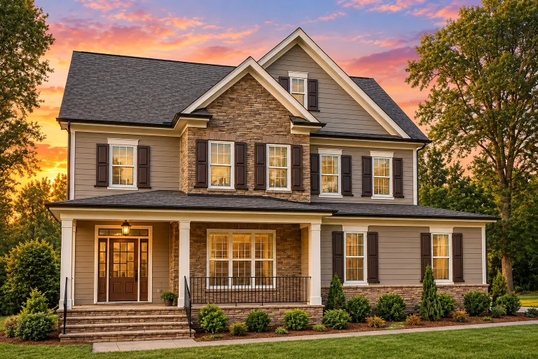 Front exterior of a Traditional Colonial style home featuring brick façade, horizontal siding, shuttered windows, and a covered front porch