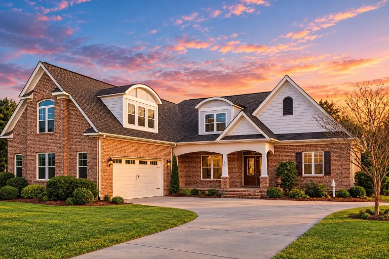 Front exterior view of a New American style home featuring brick construction, shingle gables, a covered front porch, and a two-car garage