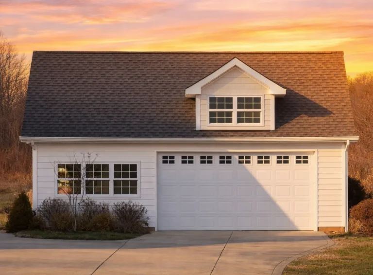 Front elevation of Cape Cod carriage house garage with horizontal lap siding, gable roof, dormer window, and double garage doors