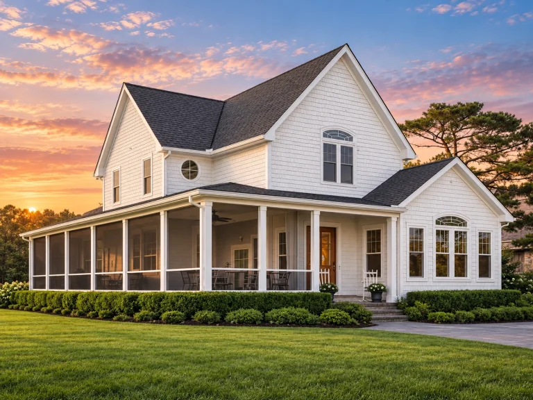Front elevation of a New American style home with horizontal lap siding, gabled rooflines, blue shutters, and a welcoming covered front porch