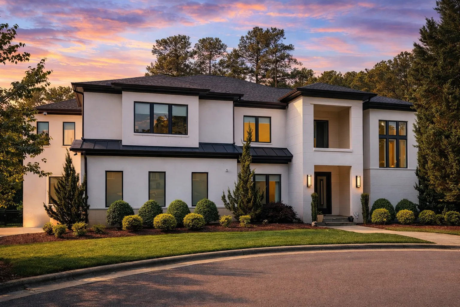 Front elevation of a Modern Traditional New American style home with smooth stucco exterior, black window frames, symmetrical two-story design, and refined transitional details