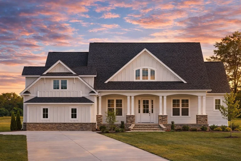 Front elevation of a Coastal Farmhouse style home featuring horizontal siding, gabled rooflines, metal porch roof, and a welcoming covered front porch