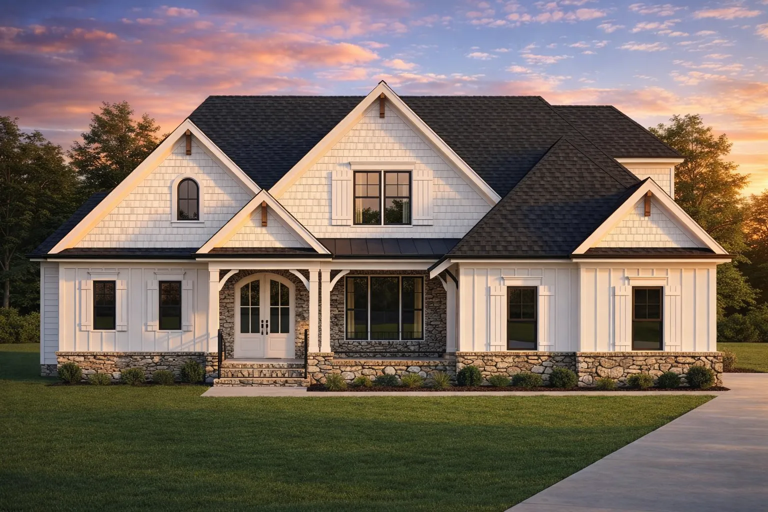 House Plans with Basement 6 Front elevation of a Shingle Style traditional home featuring shingle siding, stone accents, gabled rooflines, and covered entry porch