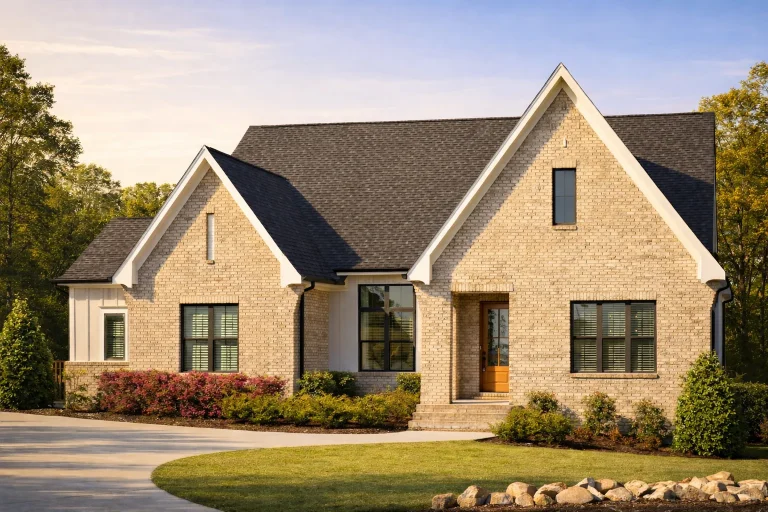 Front elevation of a Traditional New American style home with brick exterior, steep gabled rooflines, black window accents, and refined European-inspired detailing