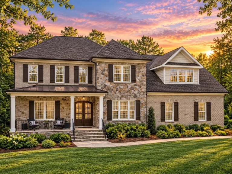 Front elevation of Traditional Colonial Revival home with brick and stone exterior, shutters, and covered front porch at sunset