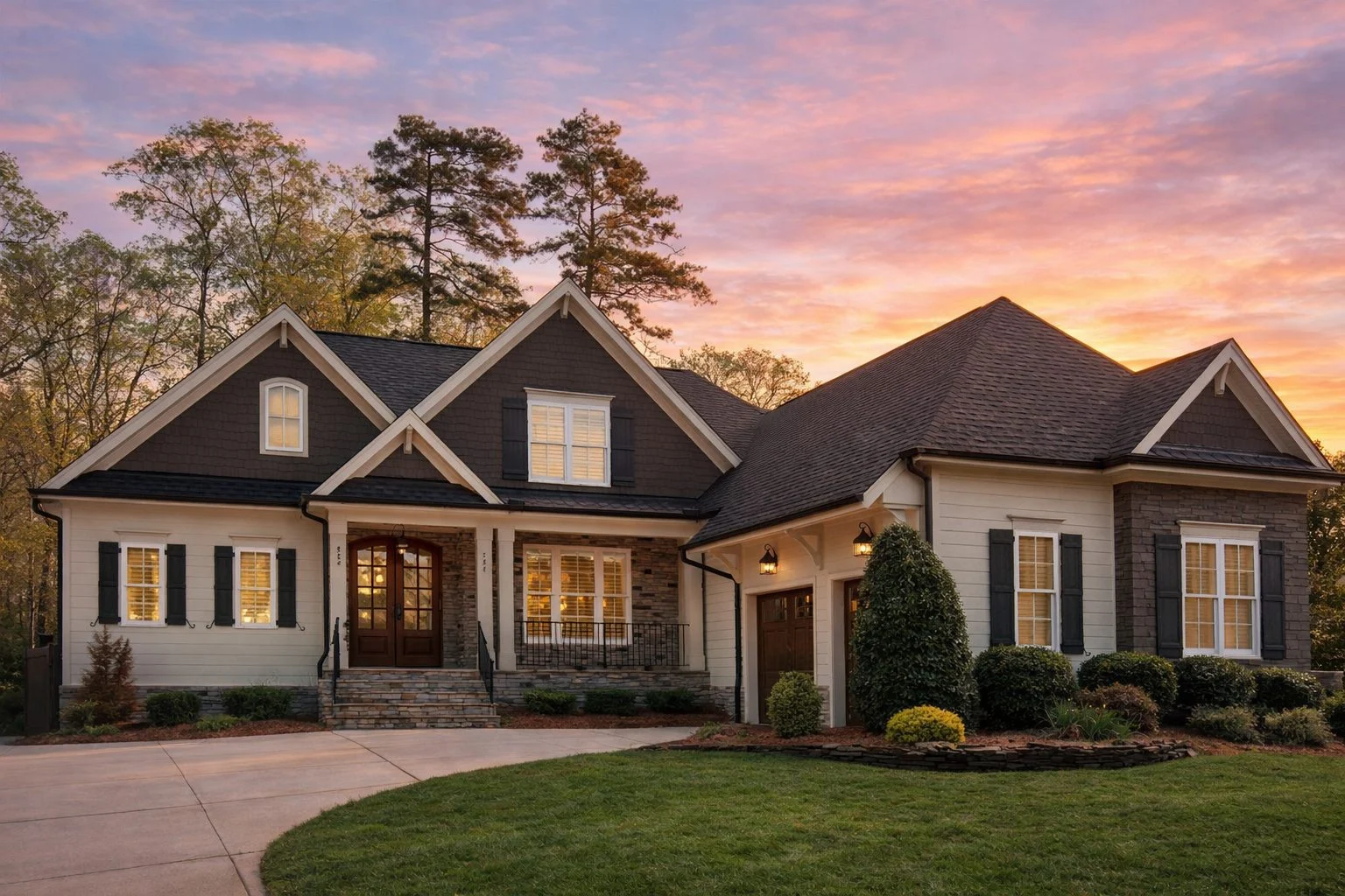 Front elevation of a Shingle Style traditional home featuring shingle siding, stone accents, gabled rooflines, and covered entry porch