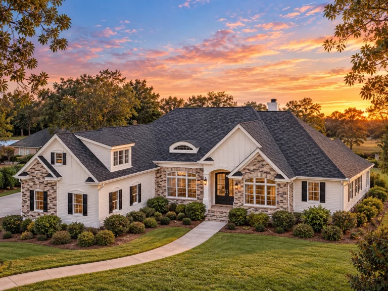 Front elevation of a New American traditional house with brick exterior, symmetrical windows, steep gabled roof, and classic Colonial Revival detailing