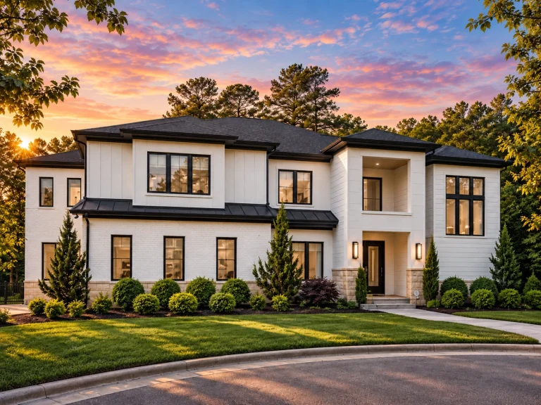 Tudor House Plans 16 Front elevation of a Modern Traditional New American style home with smooth stucco exterior, black window frames, symmetrical two-story design, and refined transitional details