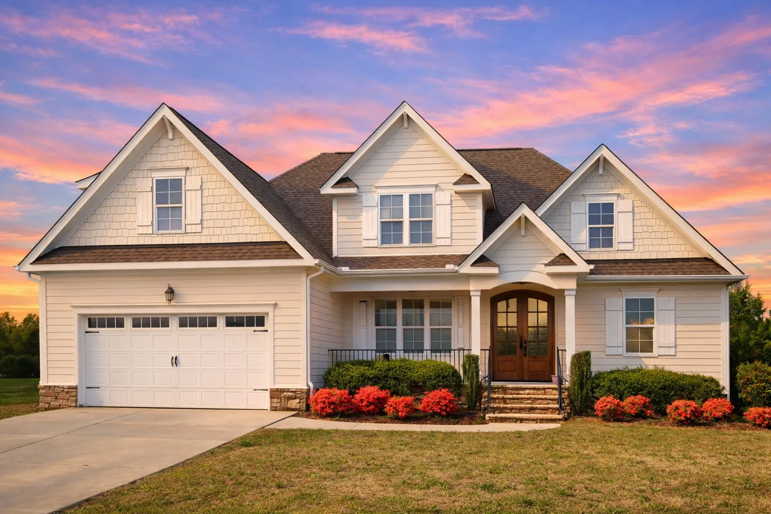 Front elevation of a New American traditional style home with horizontal siding, stone accents, gabled rooflines, and attached two-car garage