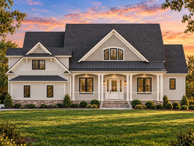 Front elevation of a Coastal Farmhouse style home featuring horizontal siding, gabled rooflines, metal porch roof, and a welcoming covered front porch