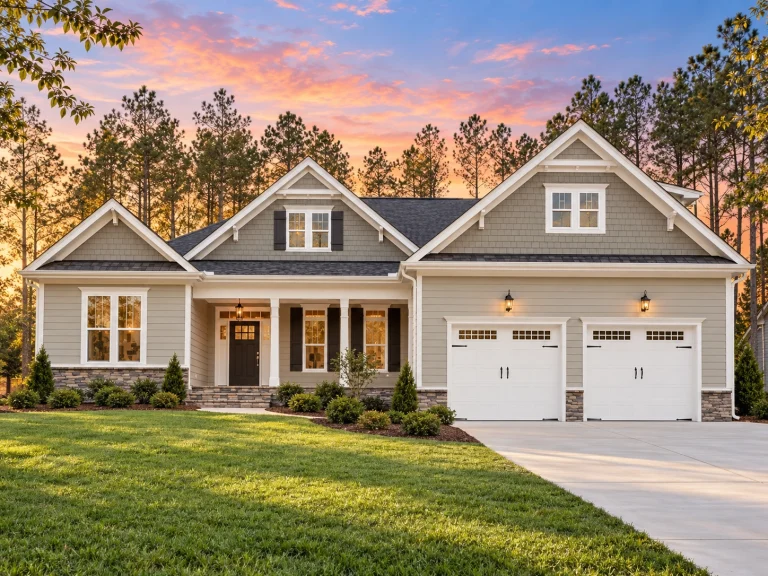 Front elevation of a Craftsman Ranch style home featuring horizontal siding, shake accents, stone detailing, and a welcoming covered porch