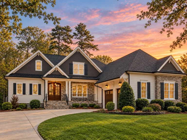 Front elevation of a Shingle Style traditional home featuring shingle siding, stone accents, gabled rooflines, and covered entry porch