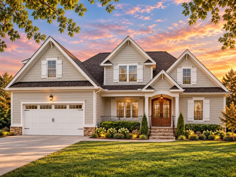 Front elevation of a New American traditional style home with horizontal siding, stone accents, gabled rooflines, and attached two-car garage
