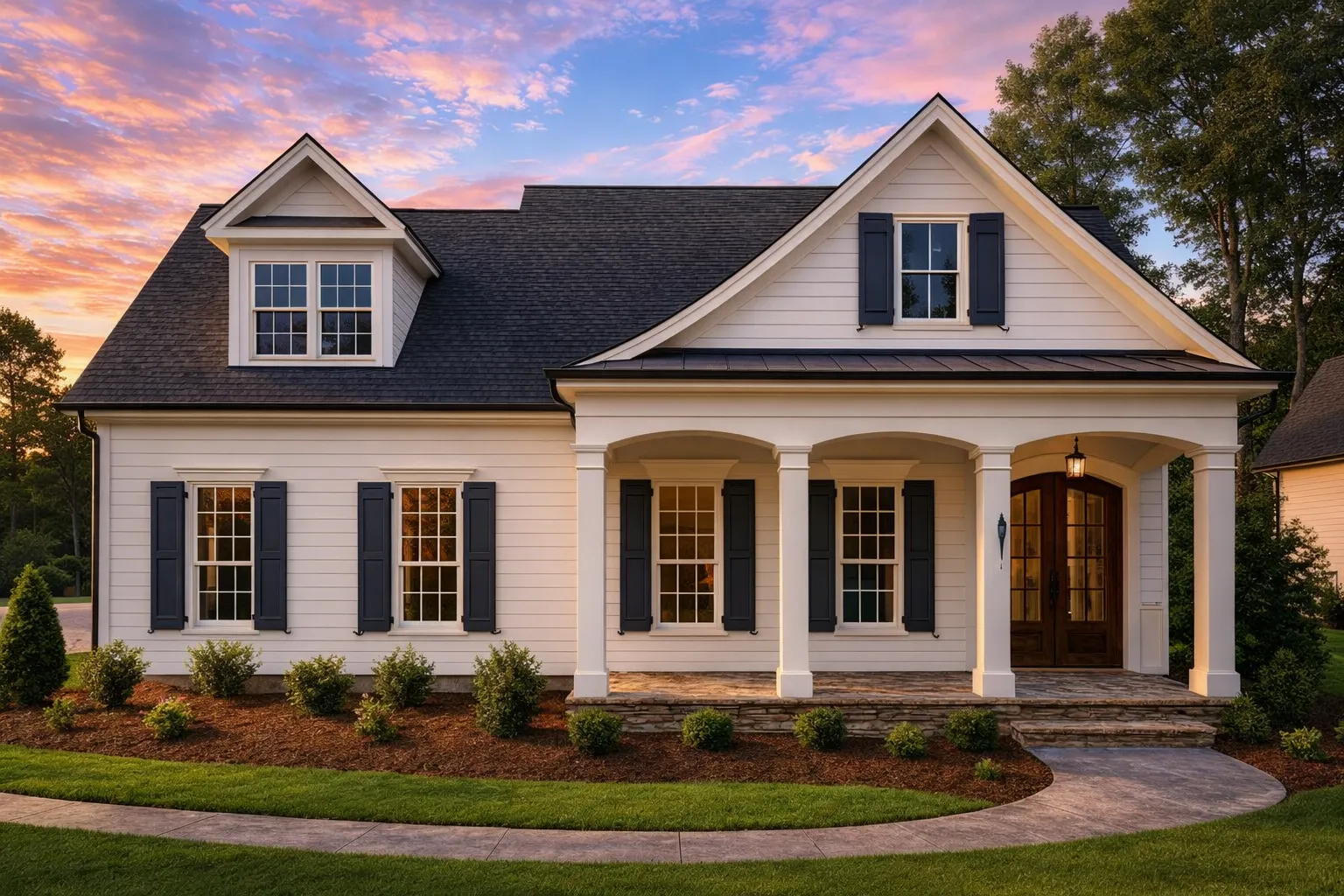 Front exterior of a Traditional Southern Cottage style home with Cape Cod influence, horizontal siding, shutters, and a covered front porch