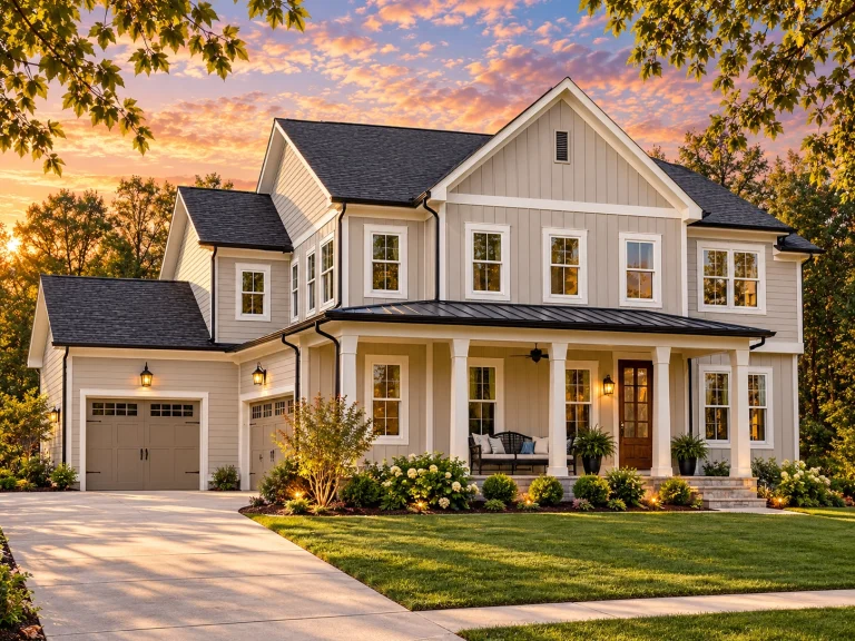 Front elevation of a Modern Farmhouse style home with horizontal lap siding, board and batten gables, covered porch, and attached garage