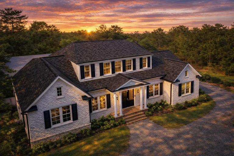 Front exterior of a Traditional Colonial style brick home with symmetrical windows, covered columned entry, and hipped roof at sunset