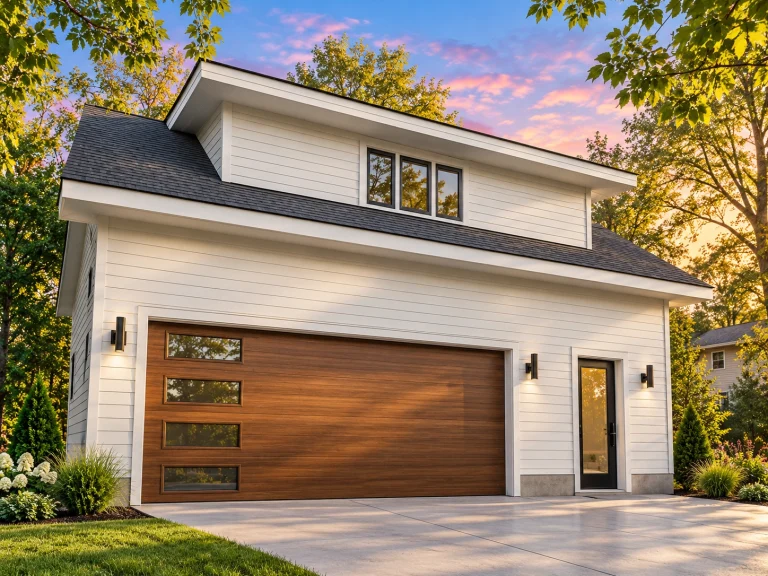 Front exterior of a contemporary modern garage apartment featuring horizontal lap siding, wood-tone garage door, and clean architectural lines
