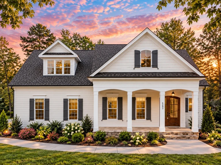 Front exterior of a Traditional Southern Cottage style home with Cape Cod influence, horizontal siding, shutters, and a covered front porch