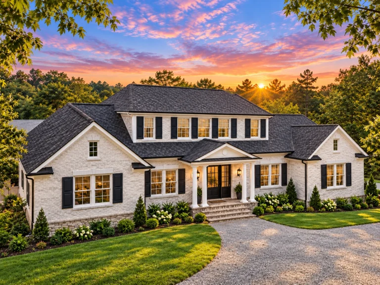 Front exterior of a Traditional Colonial style brick home with symmetrical windows, covered columned entry, and hipped roof at sunset